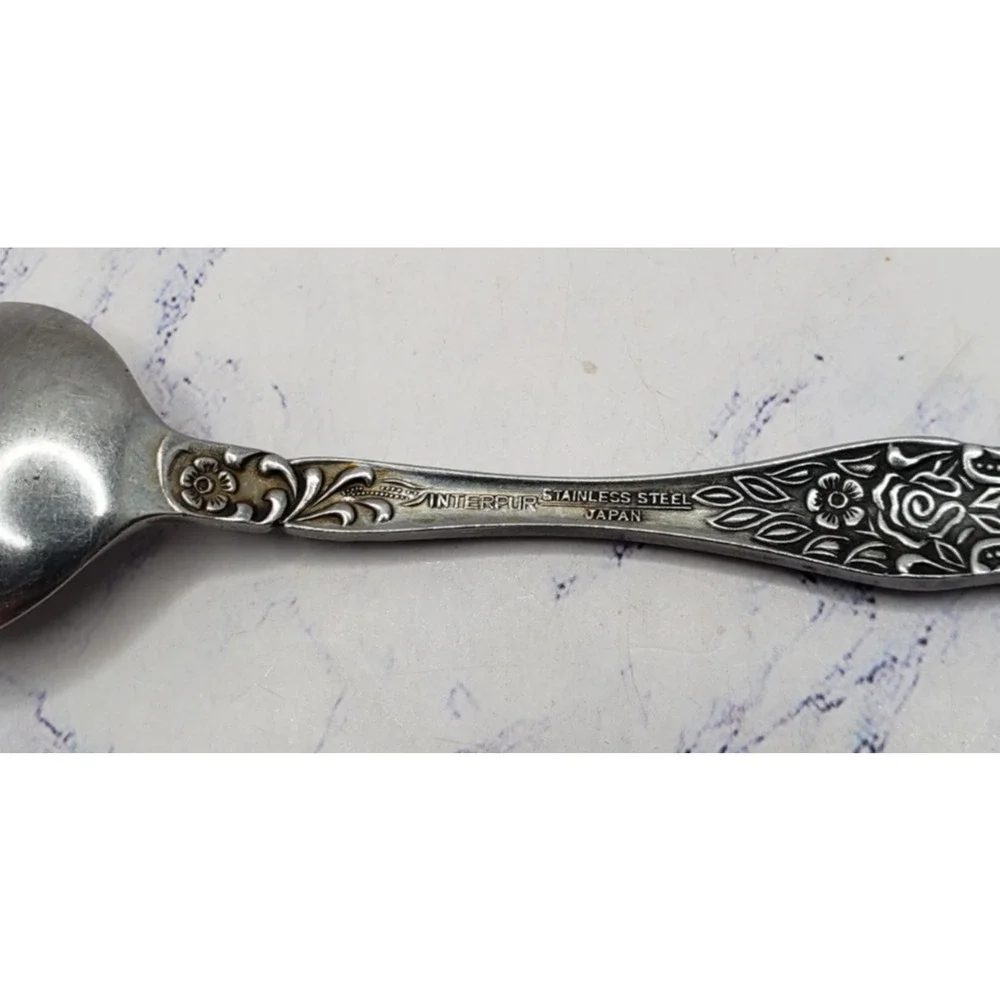 Vintage Interpur Japan Stainless Steel Floral Pattern Mid Century Spoon